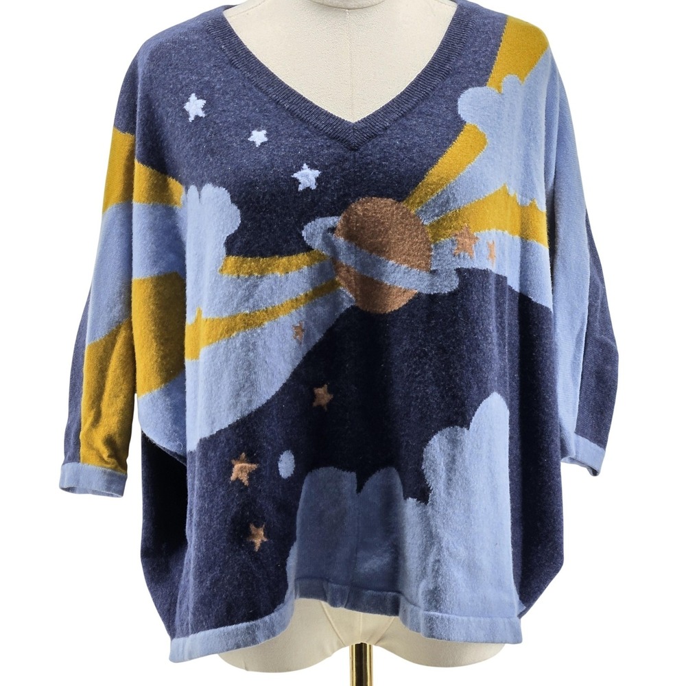 HAPPY SHEEP Sweater Pullover Womens One Size Blue Wool Cashmere V-Neck Oversized